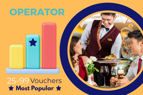 Graphic showing restaurant service with vouchers and popularity indicators.