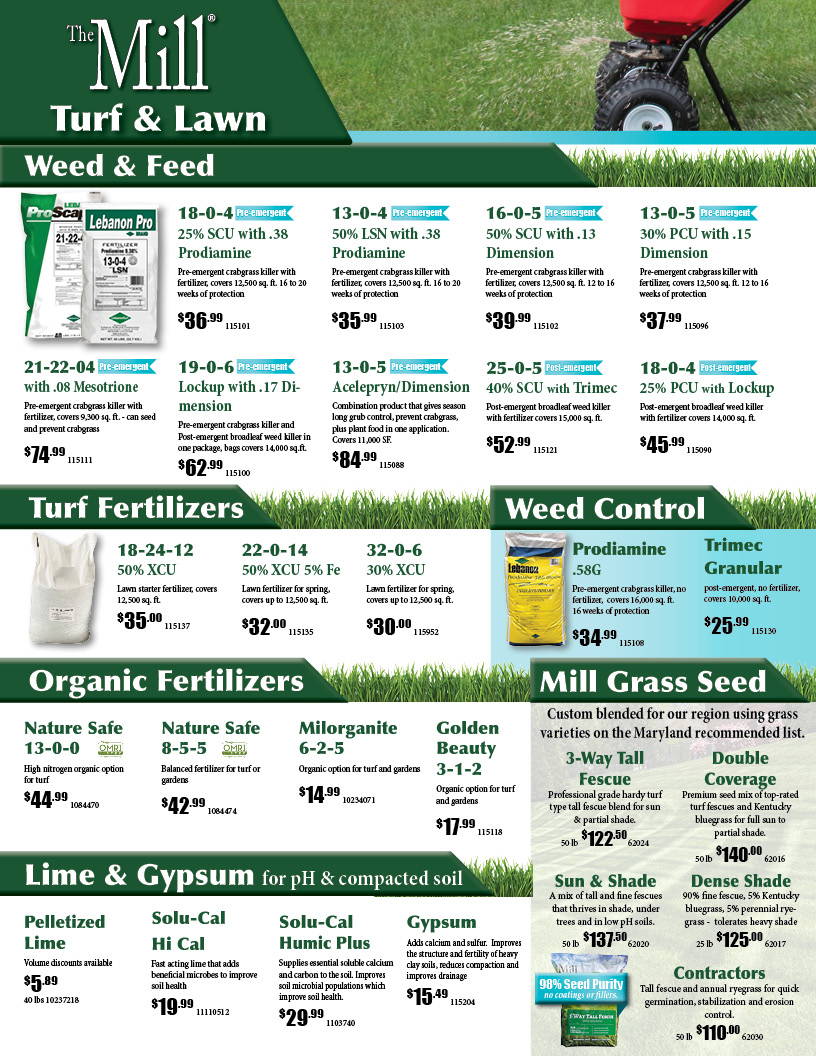 April turf & lawn circular page with monthly sales and timely products