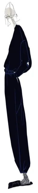 Fashion illustration of a tall, slender figure wearing a dark outfit.