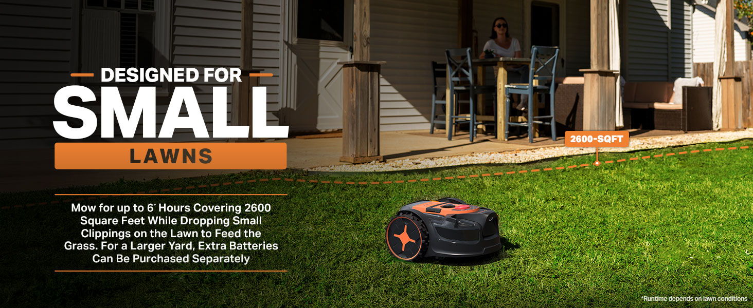 Lawn mower on grass outside a house, designed for small lawns.