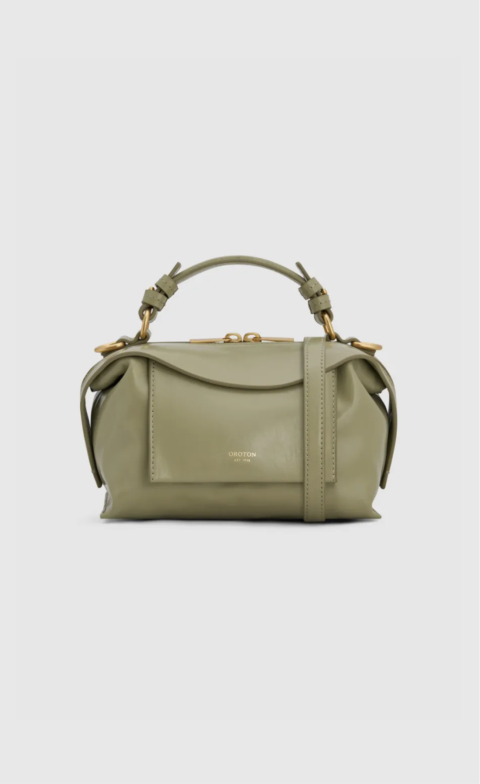 Olive green handbag with a top handle and shoulder strap.