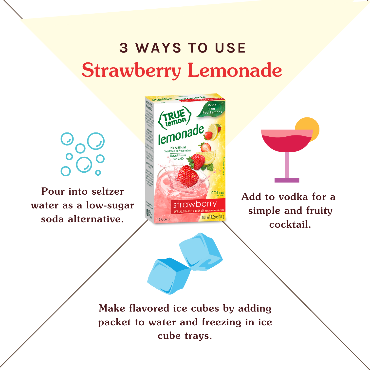 Three ways to use Strawberry Lemonade: in a cocktail, to make flavored ice cubes, use in seltzer water