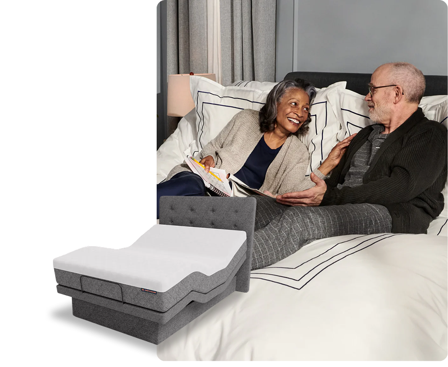 Couple smiling while relaxing in an adjustable bed, with an inset showing the adjustable bed base and mattress.