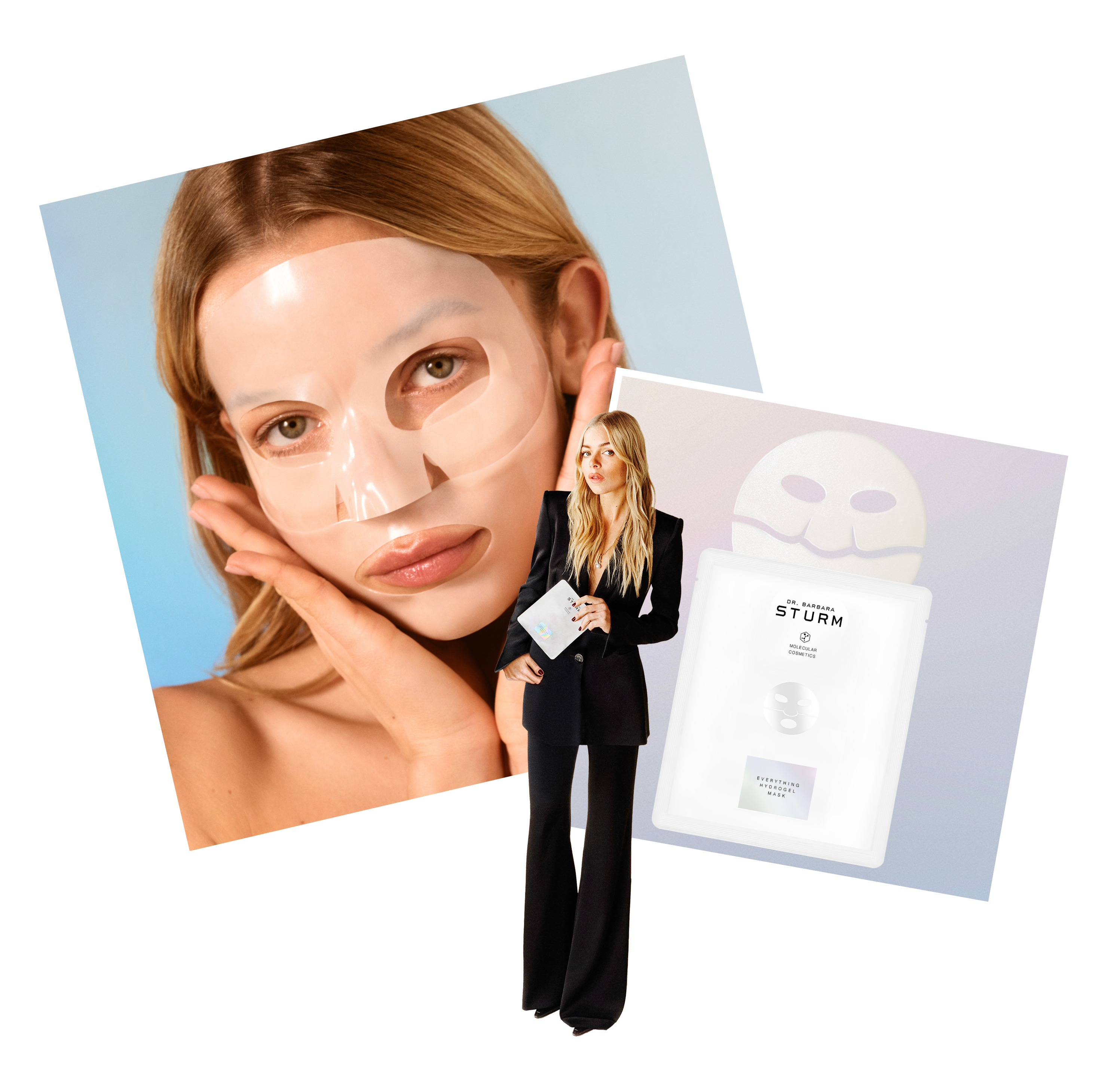 Woman wearing a face mask, holding a beauty product, with product images in background.