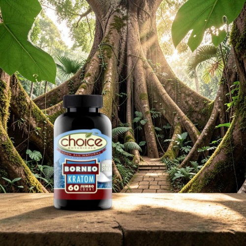 Bottle of kratom supplement in a lush forest setting.