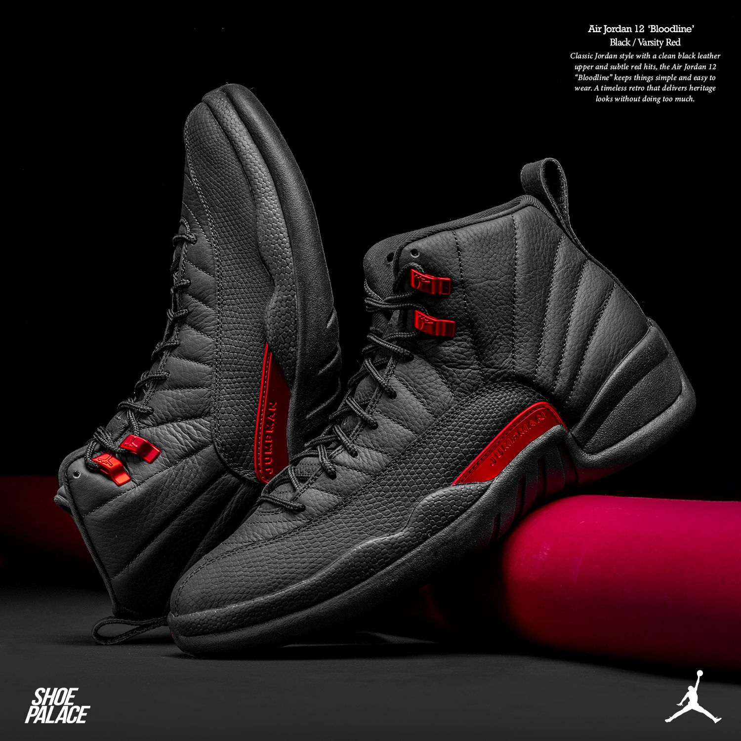 Black and red Air Jordan 12 sneakers on a contrasting background.