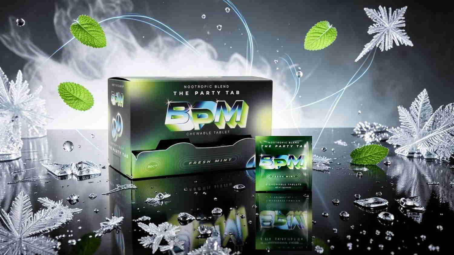 Box and package of a product surrounded by ice and green leaves.