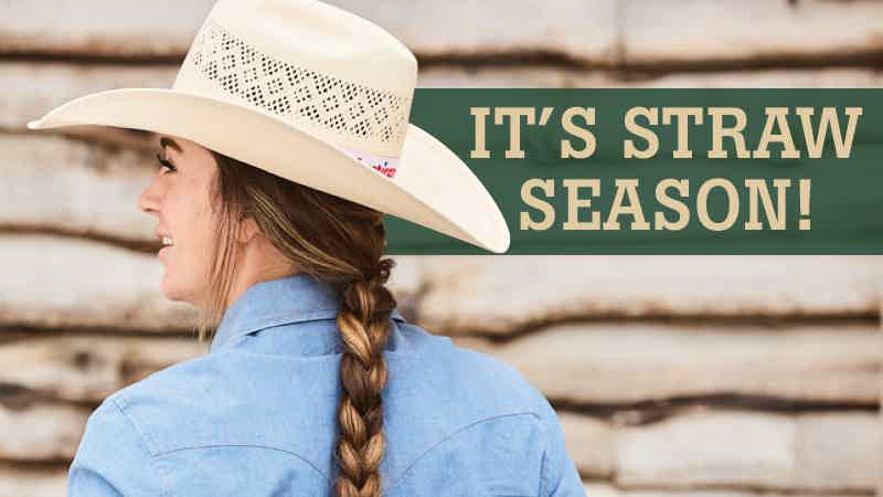 Cowgirl with braid wearing a straw cowboy hat with text 