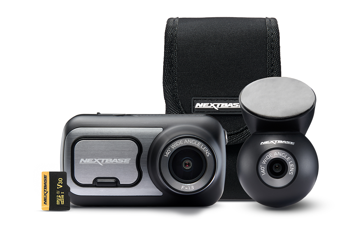 A dashboard camera and accessories on a white background.