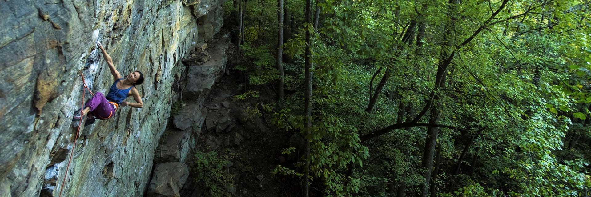 female climbing rock crack overlooking trees