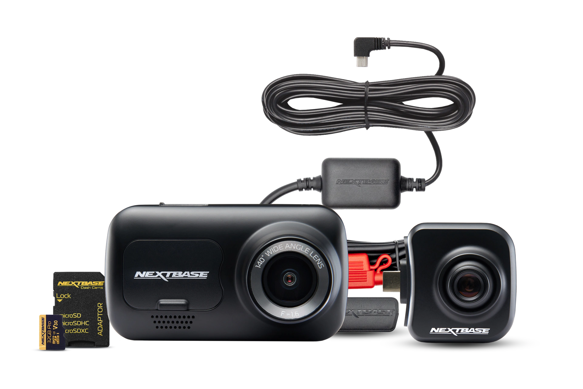 A car dash cam kit with accessories, including a power cable and memory card.