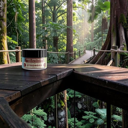 A skincare product on a wooden platform in a lush forest.