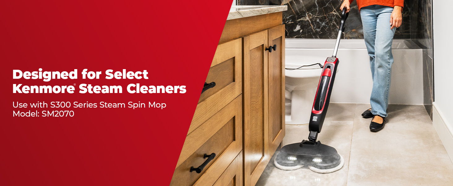 A person uses a steam mop on tiled bathroom floor. Mop pads designed for Kenmore steam cleaner model SM2070.