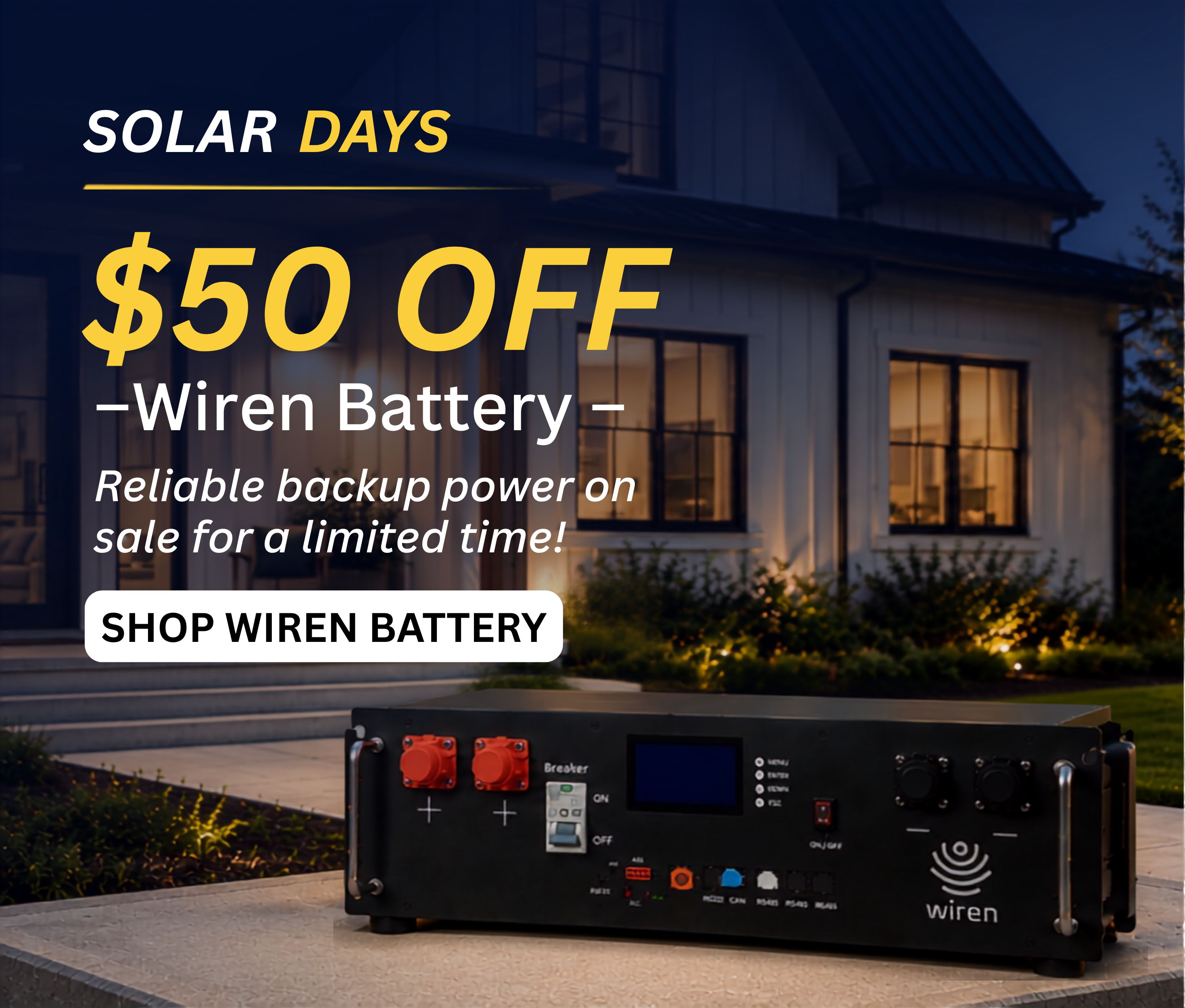 Promotional image for Wiren Battery with discount offer and home backdrop.