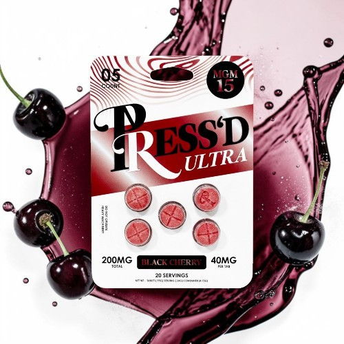 Packaging for Dressed Ultra gummies with cherries and splashes of juice.