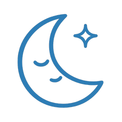 A simple blue outline of a crescent moon with a star.