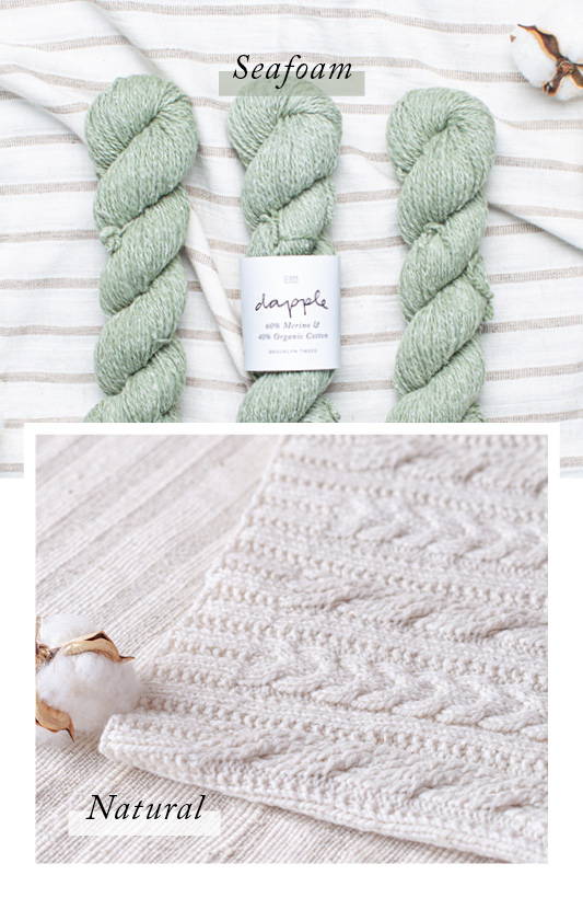 Top: Three skeins of Dapple yarn in color Seafoam arranged in a row with some space in between. The middle skein sports its label and a cottom blossom sits in the upper right corner. Bottom: A hand knit cabled cowl sits flat on a white/light gray striped fabric with a cotton blossom.