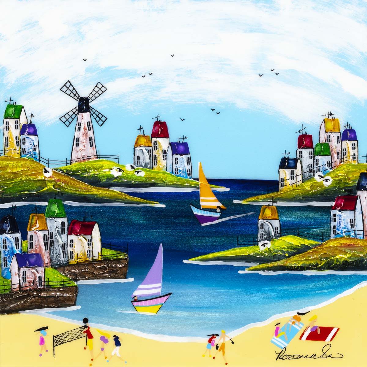 Seaside painting looking at a tranquil bay with a windmill, houses and people at the bottom on the beach.