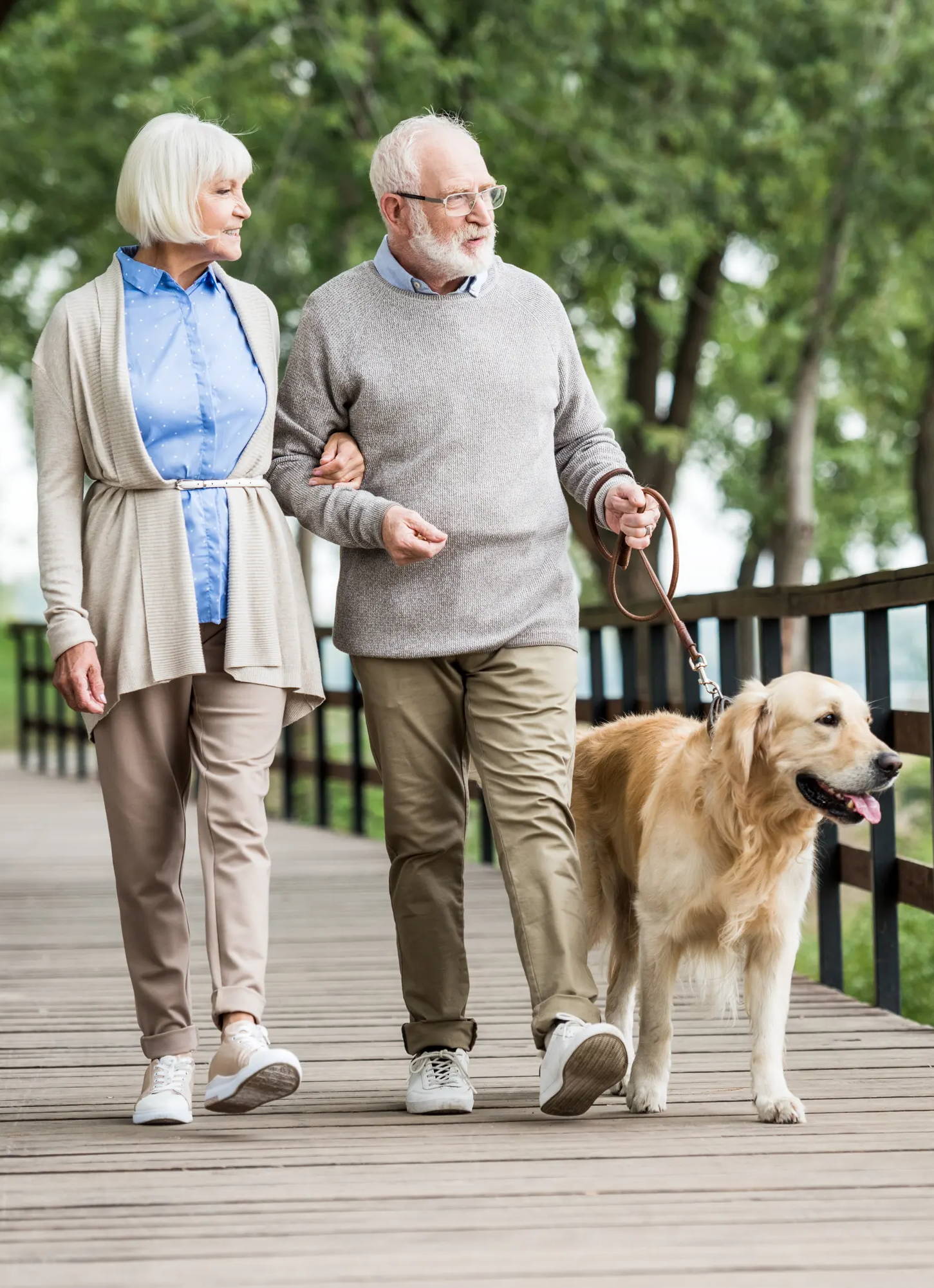 Elderly couple walking cute dog across bridge