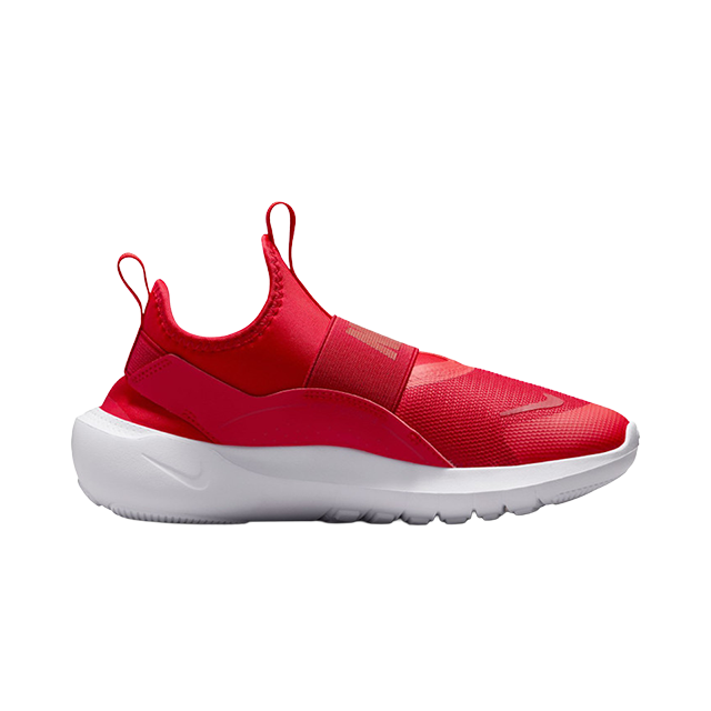 Red Nike slip-on sneaker with a white sole.