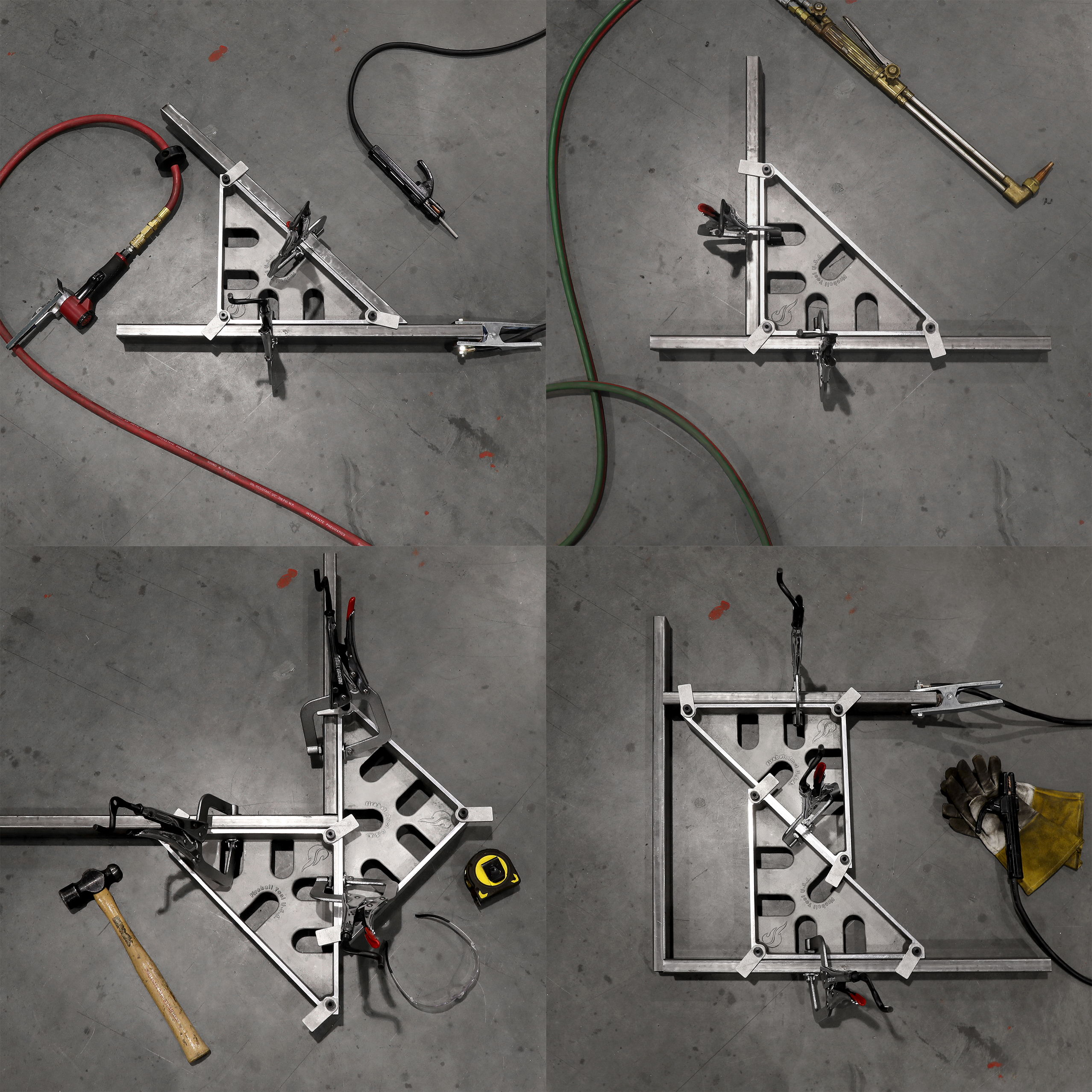 Various metalworking tools arranged on a gray surface.