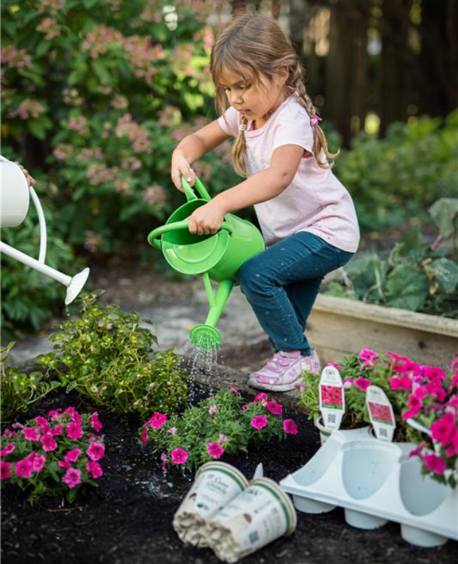 Daughter watering eco+ grande annuals in a gardening bed