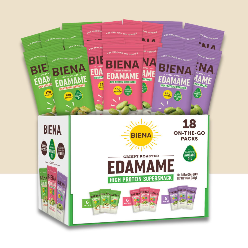 18 count on the go packs of Biena Crispy Roasted Edamame Supersnacks