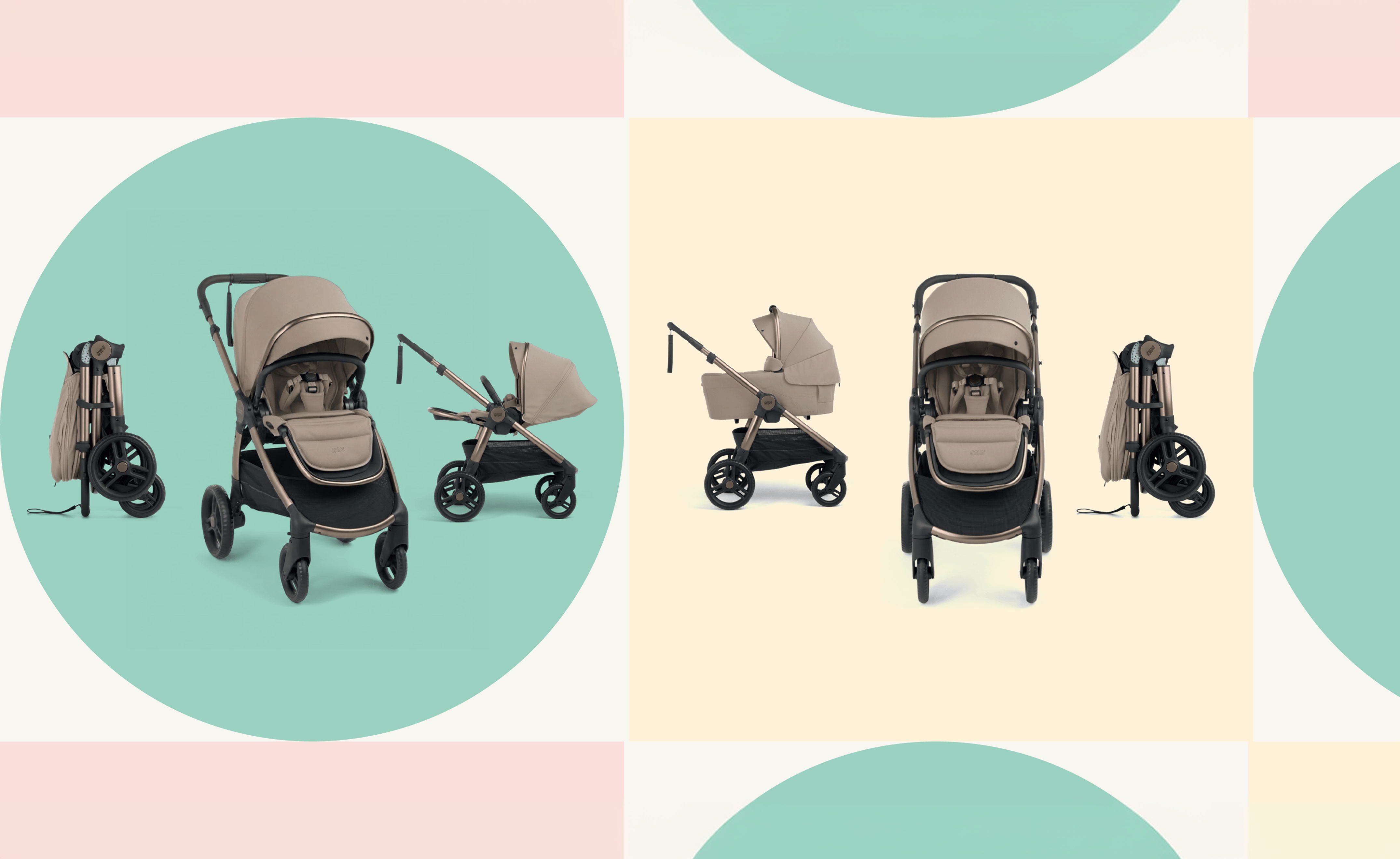 Stroller displayed in various positions on a colorful background.