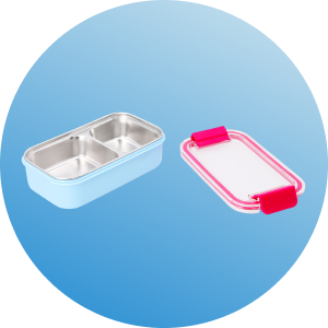 A blue and silver lunchbox with a pink lid.