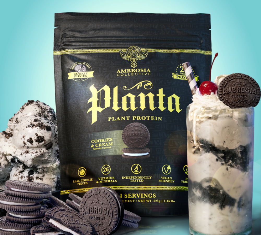 Plant protein package with ice cream and cookies on a colorful background.