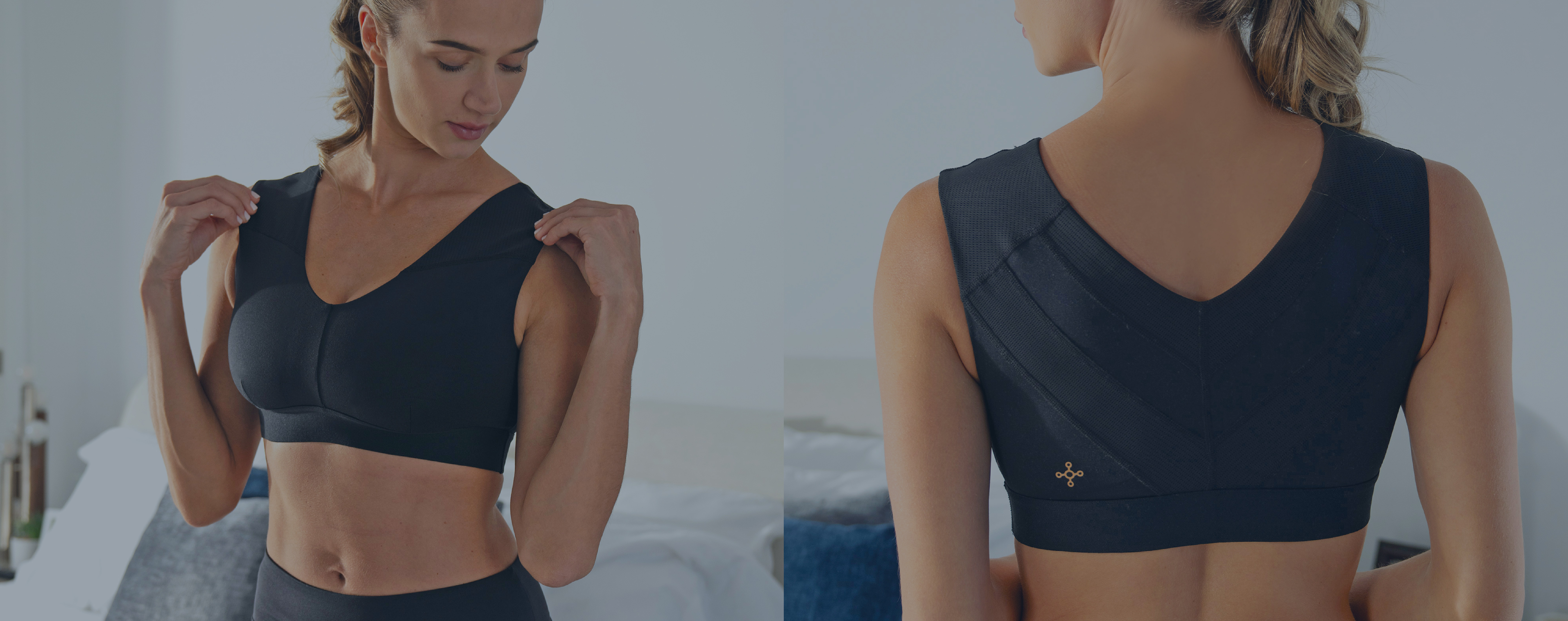 Woman putting on Shoulder Support Bra in black