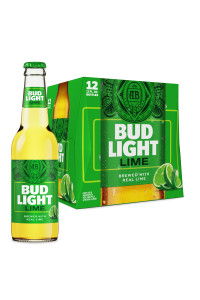 Bottle of Bud Light Lime next to a 12-pack box.