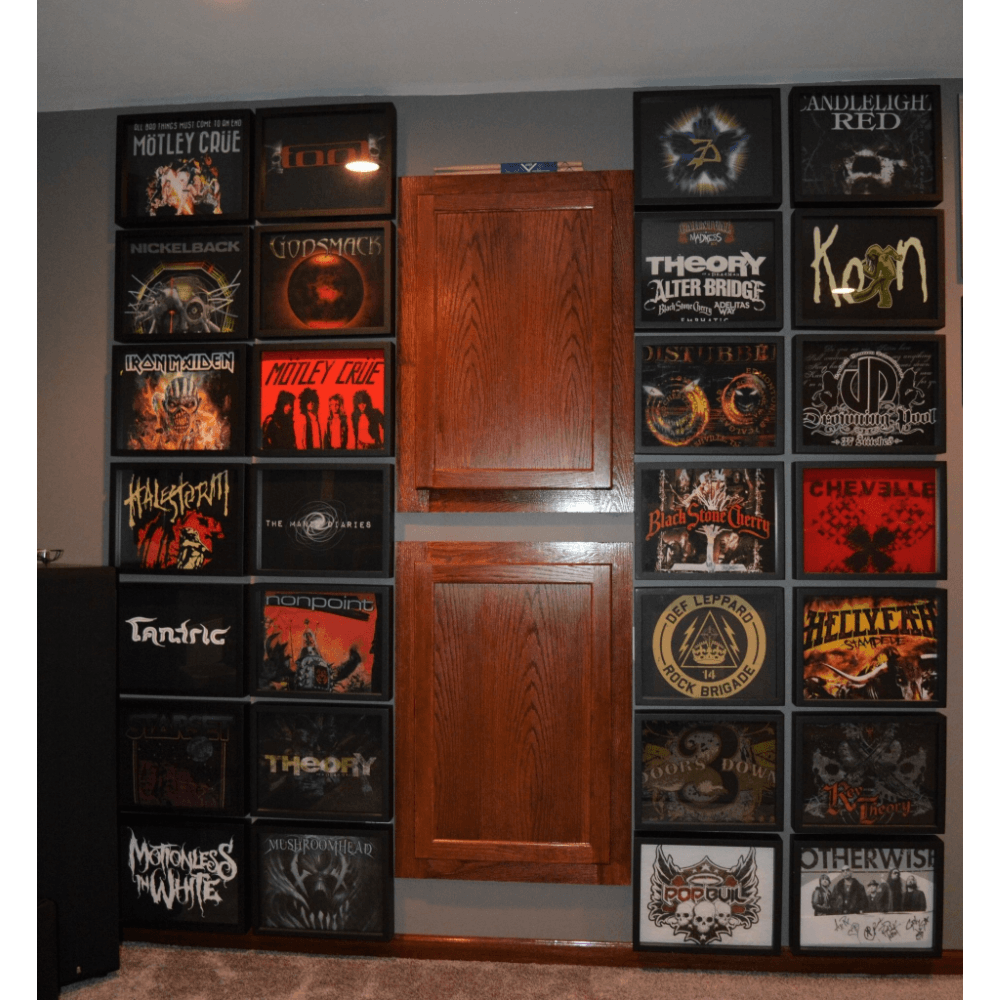 Large home collection of Shart Original T-Shirt Frames with Heavy Metal and Rock T-Shirts