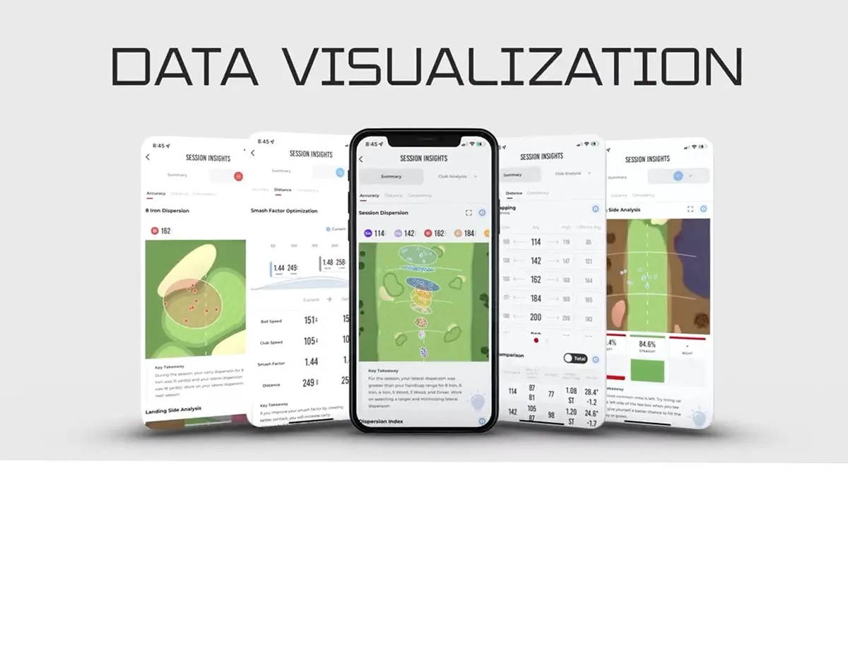 Five smartphones showing different data visualization in the MLM2PRO golf app