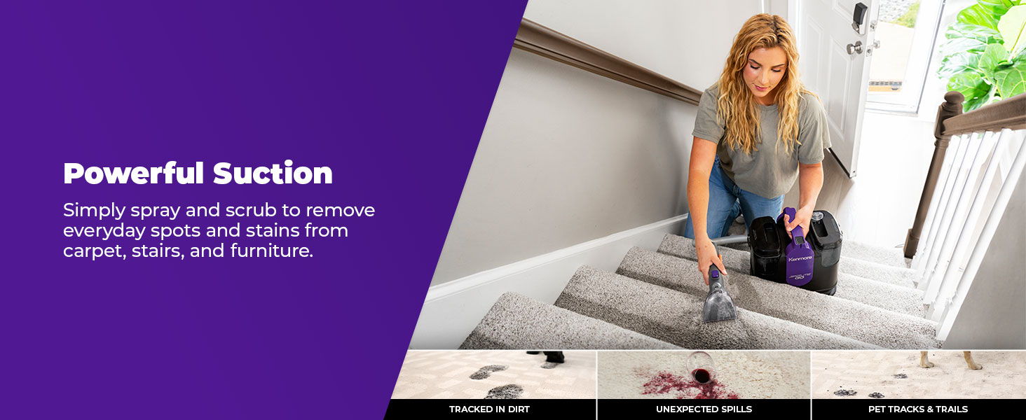 Woman cleaning stairs with a spot cleaner, showcasing powerful suction feature.