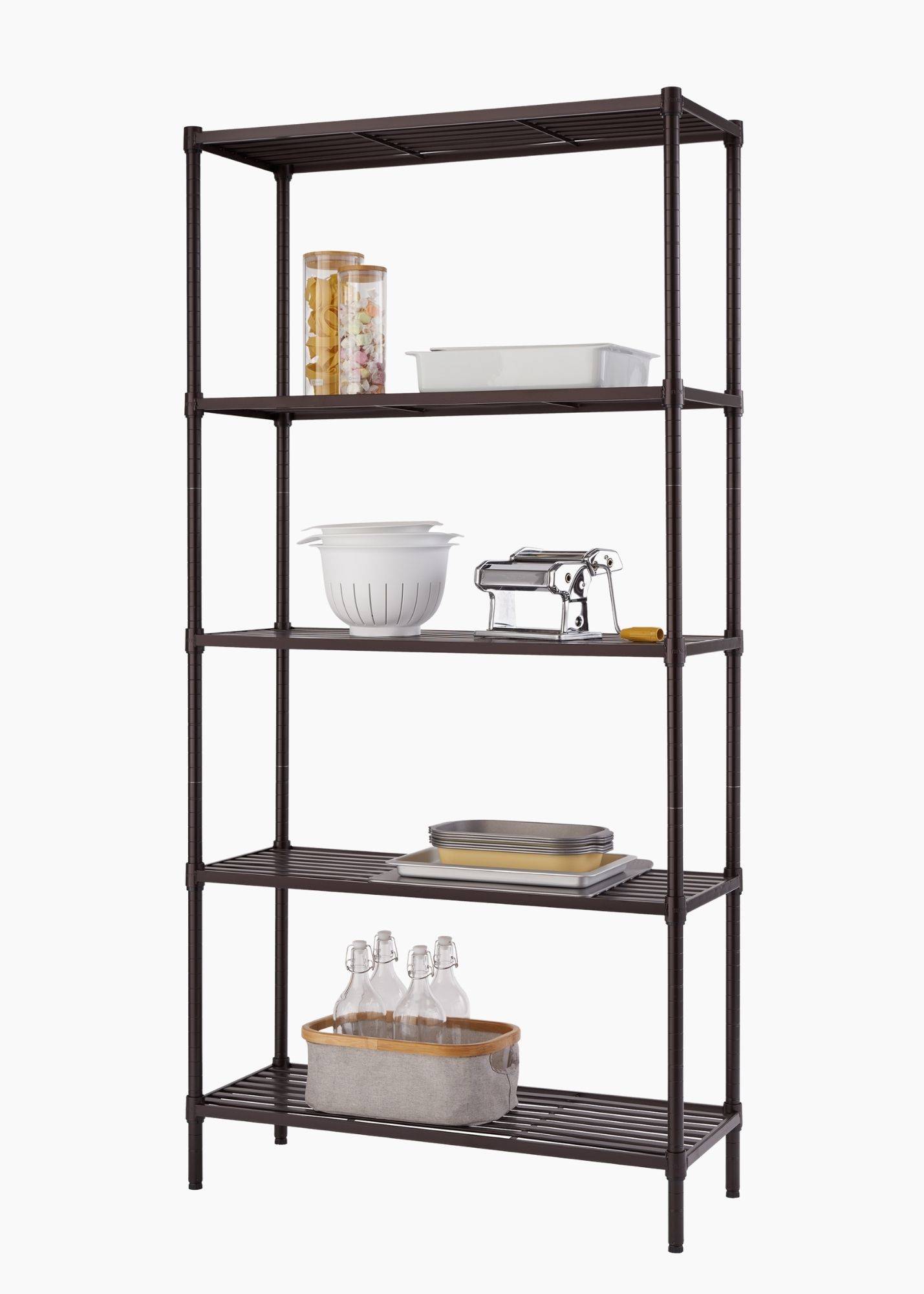 shelving rack with 5 shelves filled with kitchen tools