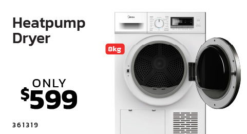 Heatpump dryer with an open door, priced at $599.