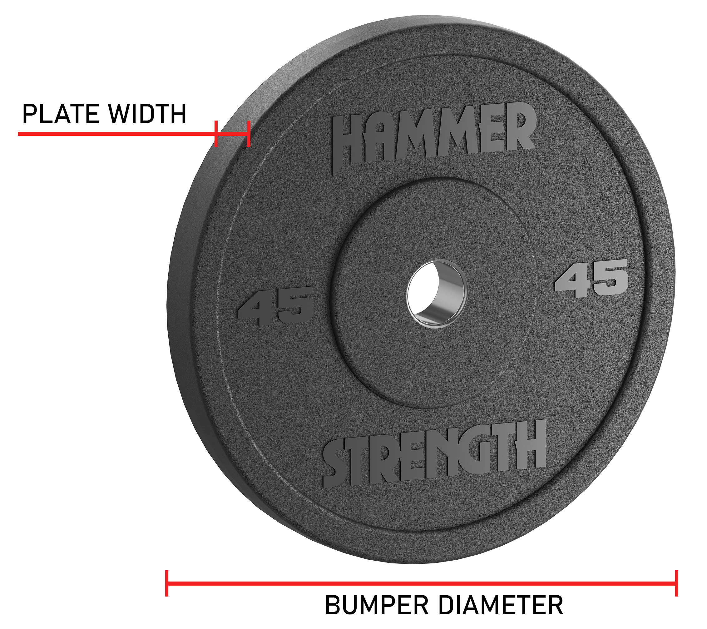 Diagram of Hammer Strength Standard Rubber Bumper: plate width, bumper diameter