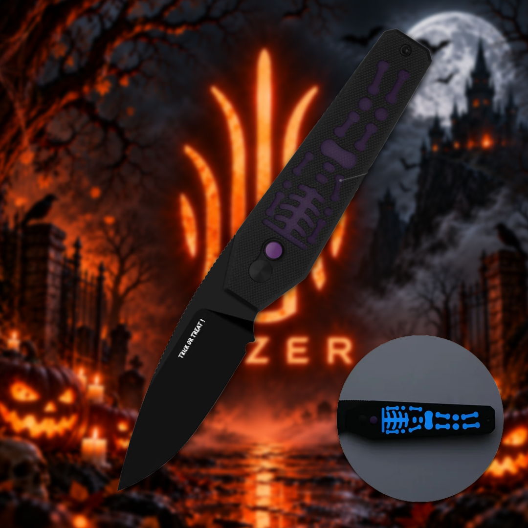 Black knife with blue accents, set against a spooky Halloween background.