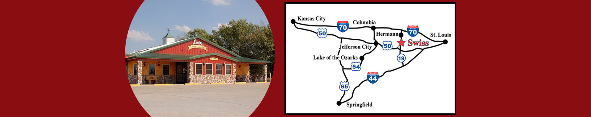 Exterior of Swiss Meats storefront alongside a map of Hermann Missouri