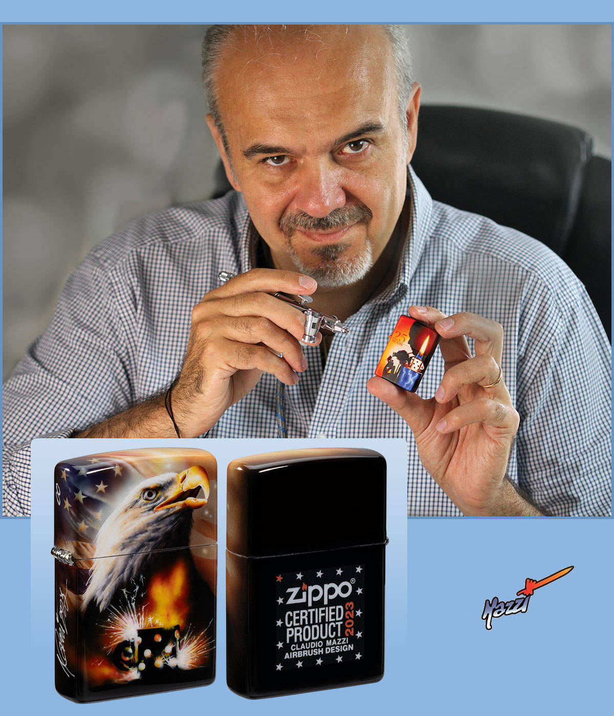 Claudio Mazzi with previous lighter design, and new lighter design revealed.