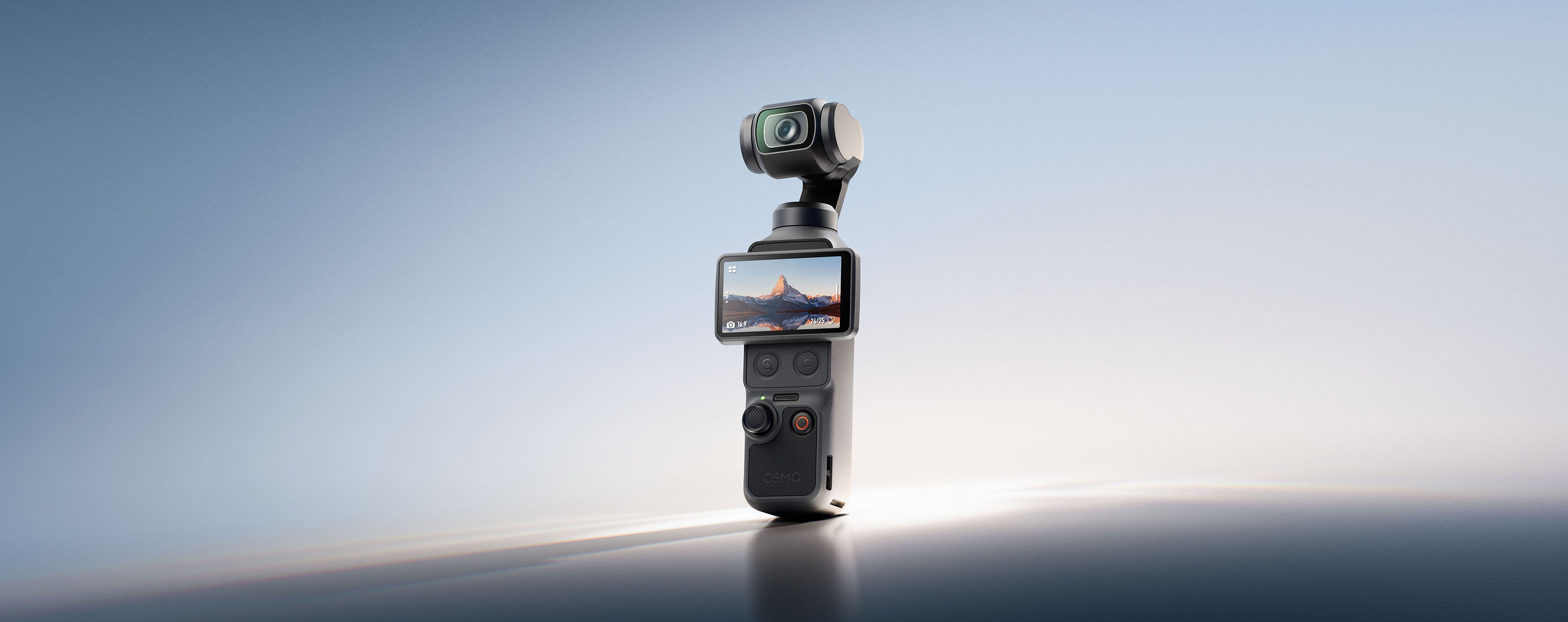 DJI Osmo Pocket 4 positioned on a reflective surface against a gradient background.