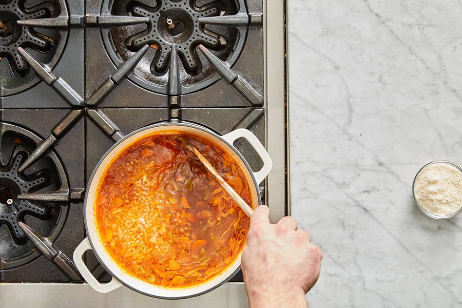 Pasta stirred in to soup