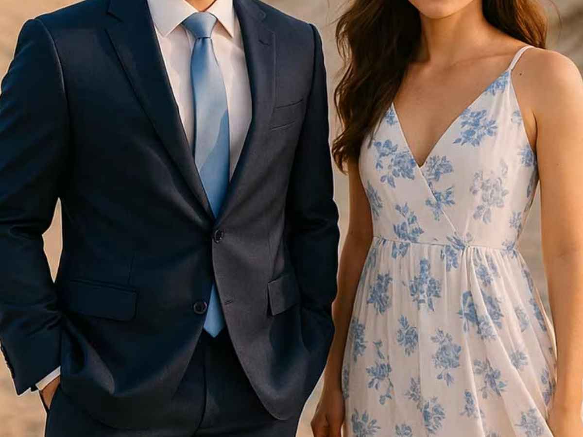 Groomsman and bridesmaid coordinating in light blue