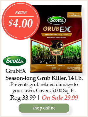 GrubEX Season-long Grub Killer - Save $4.00! Apply in Spring to help prevent grub related damage to your lawn. Covers 5,000 Sq. Ft. | Regular price $33.99. On Sale $29.99. | Shop Online