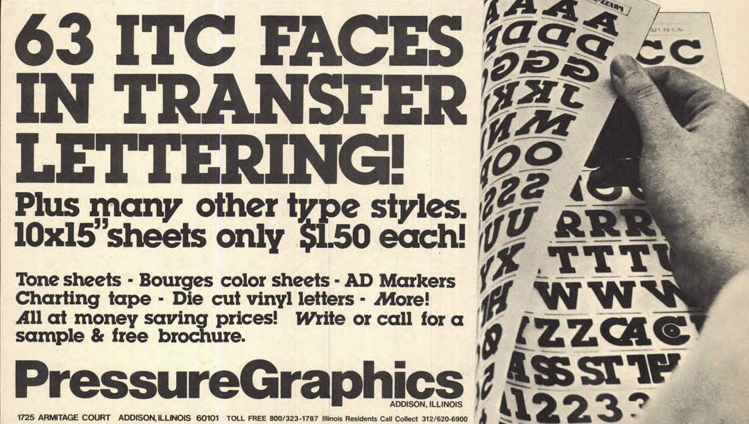 Advertisement for dry transfer lettering from the pages of U&lc.