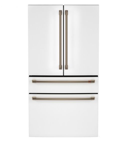 Cafe White refrigerator with double doors and two bottom drawers.