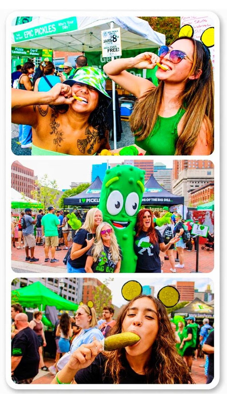 Festival moments at The Big Dill® Baltimore 2025: friends biting into pickles at the Epic Pickles tent, three friends posing with the giant pickle mascot, and an attendee enjoying a pickle on a stick at the World's Largest Pickle Party®