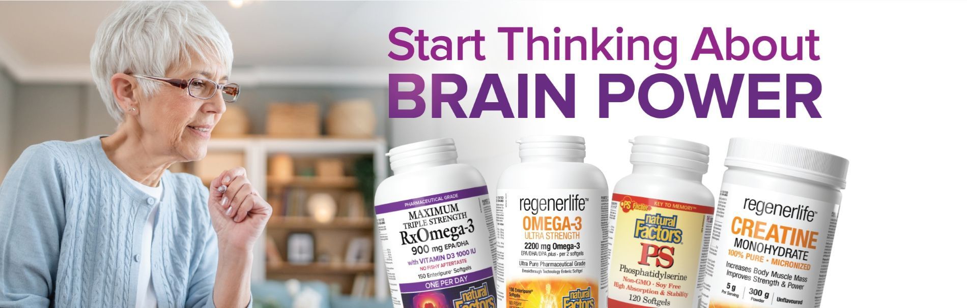 Older woman considering brain health products and supplements.