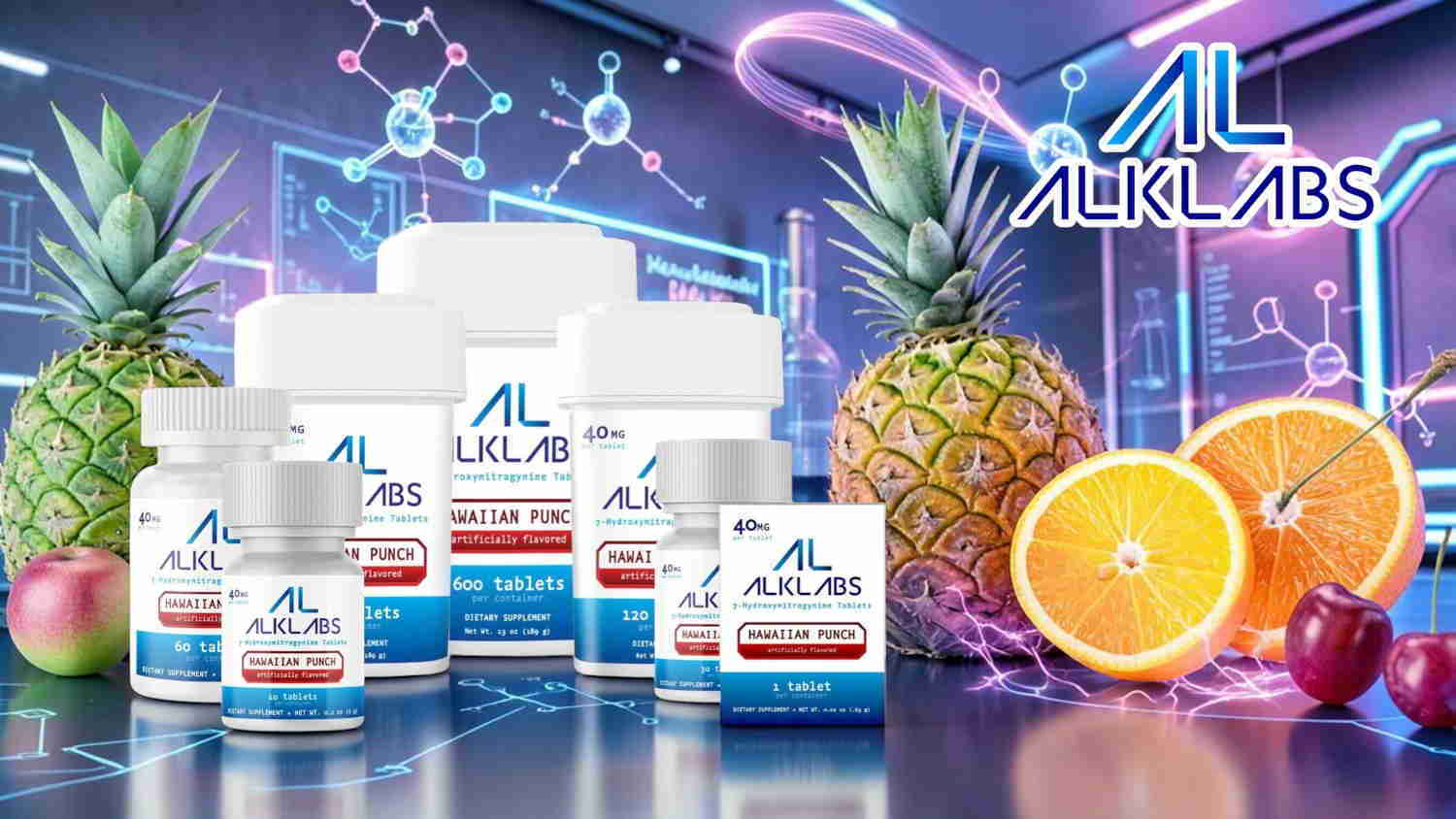 Bottles of supplements with fruits and a futuristic background.